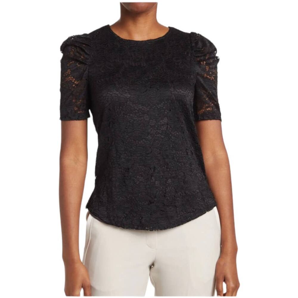 Adrianna Papell NWT Knit Lace Pleated Sleeve Blouse Top Size XS Black Floral